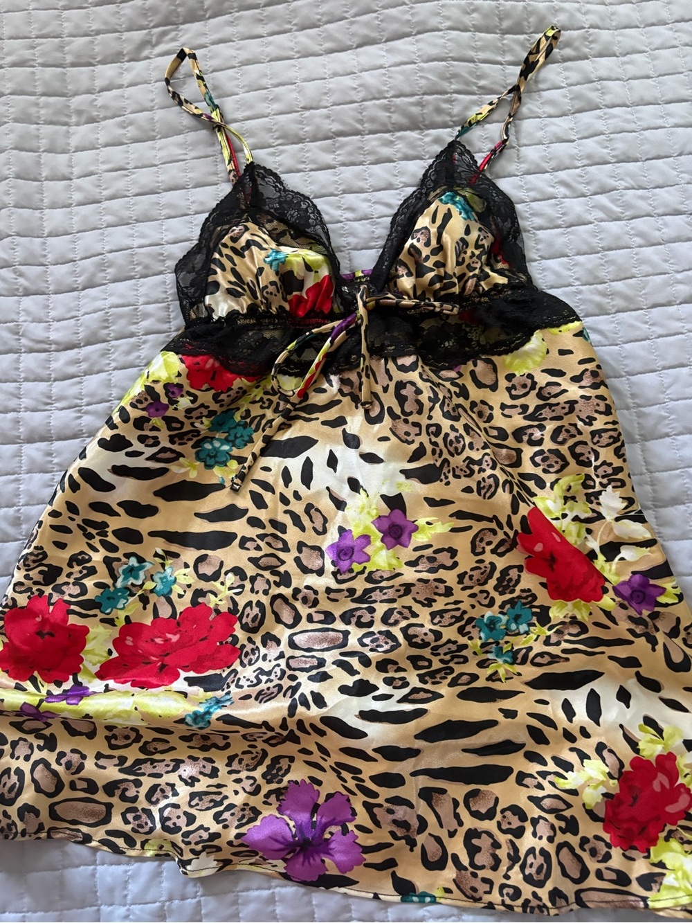 Satin Leopard & Floral Chemise with Black Lace Trim